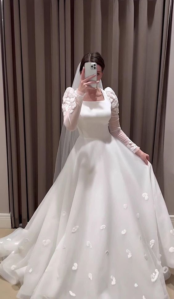 Modest White A-line Long Sleeves Wedding Dress,White Bridal Dress