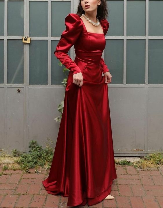Square Neck Long A Line Evening Gown Burgundy Long Sleeves Satin Formal Prom Party Dress