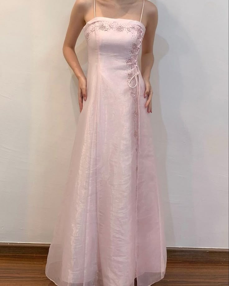 Pretty A Line Spaghetti Straps Pink Evening Dress Long Prom Dresses