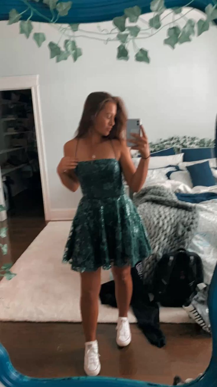 A-line Green Spaghetti Straps Homecoming Dress,Short Party Dress