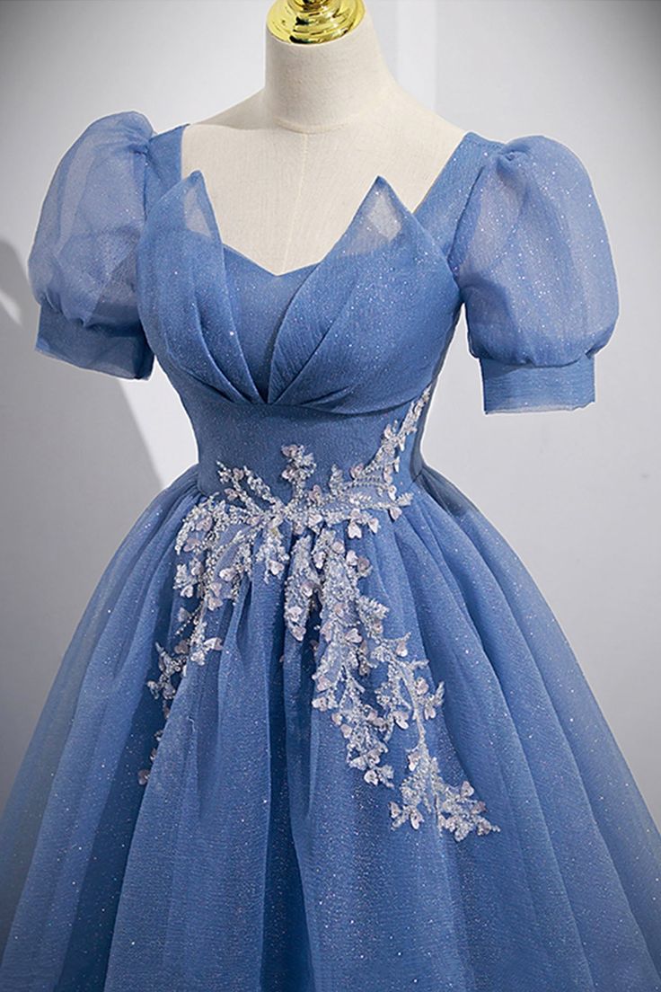 Tulle Lace Floor Length Prom Dress, Short Sleeve Evening Dress