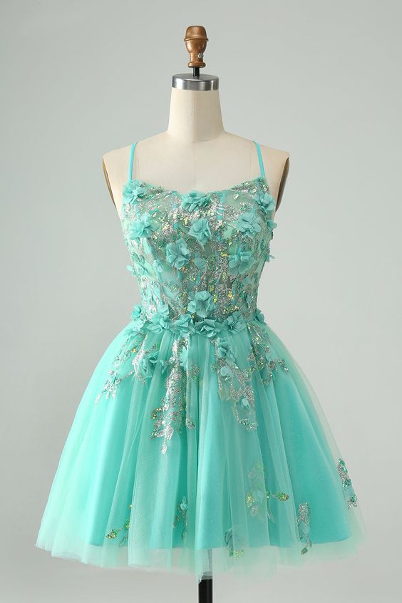 Sweet Green A Line Spaghetti Straps Corset Short Homecoming Dress with Appliques