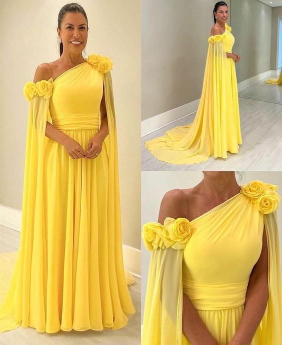 Vintage Long One Shoulder Evening Desses With Flower A-Line Floor Length Sweep Train Prom Dresses for Women