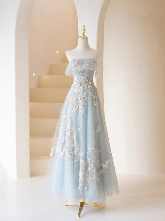 Light Blue Prom Dresses Fairy,Long Blue Tulle Floral Appliques Formal Dresses