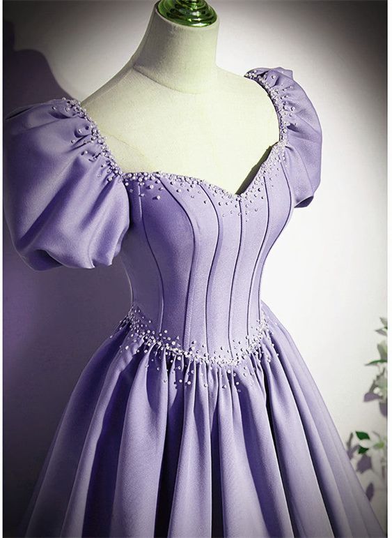 Satin Short Sleeves Beaded Party Dress, A-line Long Prom Dress