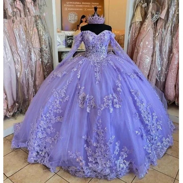 Lilac Quinceanera Dresses Long Sleeve 3D Flowers Appliques Lace-Up Prom Sweet 16 Princess Dresse Vestidos De 15 Anos