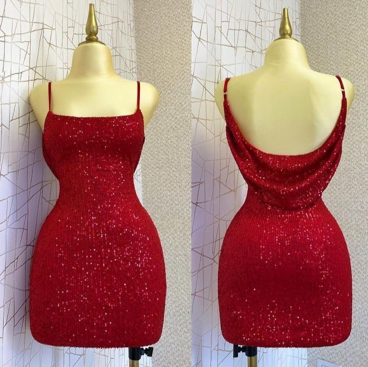 Red Sheath Straps Sequins Mini Homecoming Dress