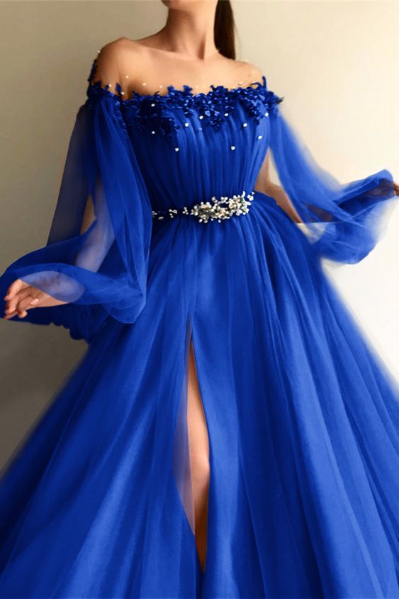 Chic Off-the-Shoulder Long Sleeves Elegant Evening Dresses With Beads