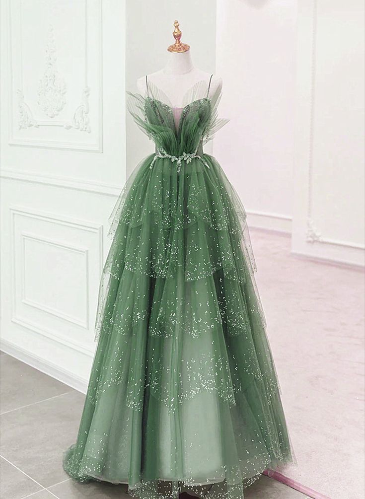 Glam Layers Tulle Straps Beaded Long Party Dress, Long Formal Dress