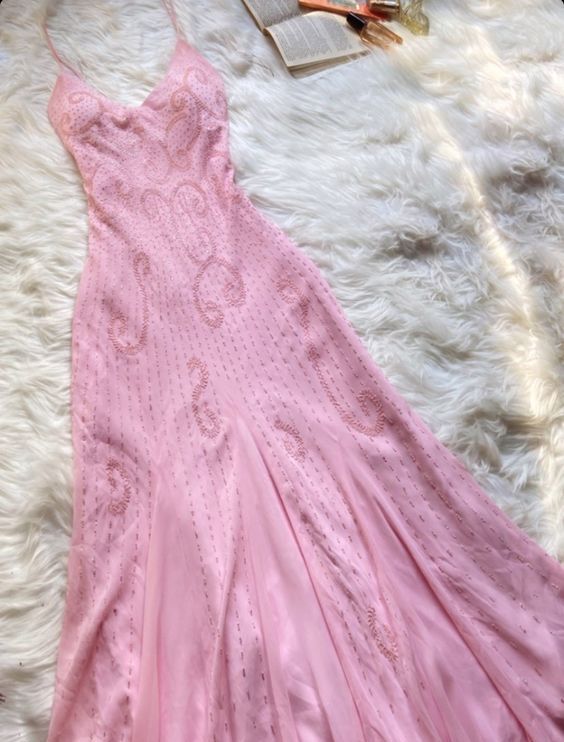 Pink spaghetti strap long evening dress