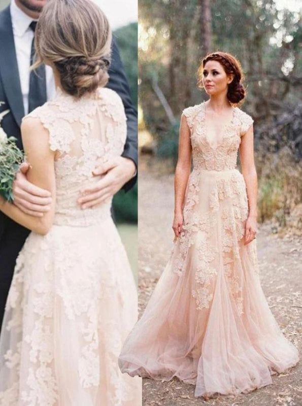 Elegant V-neck Sleeveless Cap Sleeves Floor-Length Wedding Dress