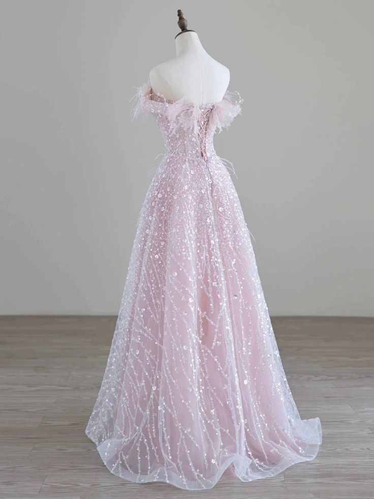 Sparkling Tulle Sequin Long Prom Dress, Off the Shoulder Evening Party Dress