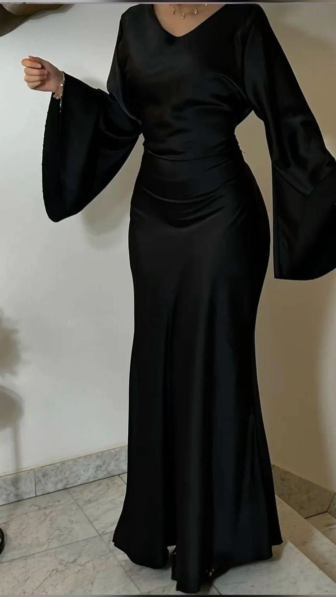 Vintage long satin black dress for women, elegant evening dress