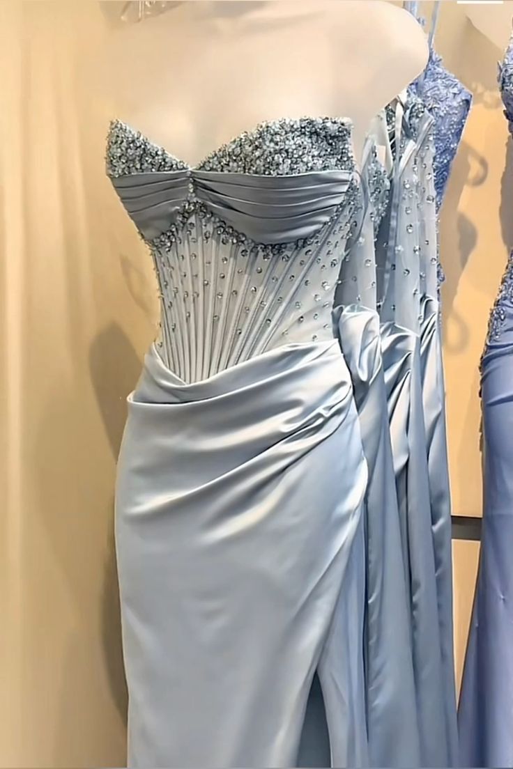 Light Blue Beaded Corset Ruched Formal Dress blue prom dress