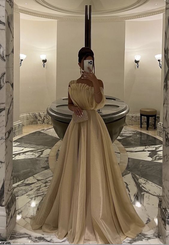 Elegant One Shoulder A-line Champagne Long Evening Prom Dress for Women