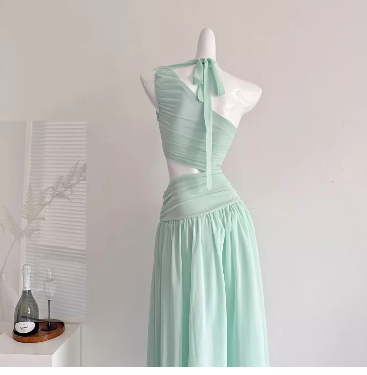 Sexy Mint Green One Shoulder Chiffon Vacation Dress Birthday Dress