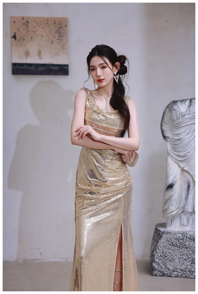 Fashion Gold Sleeveless Sequin Slit Mermaid Long Evening Dress Formal Wedding Guest Dress