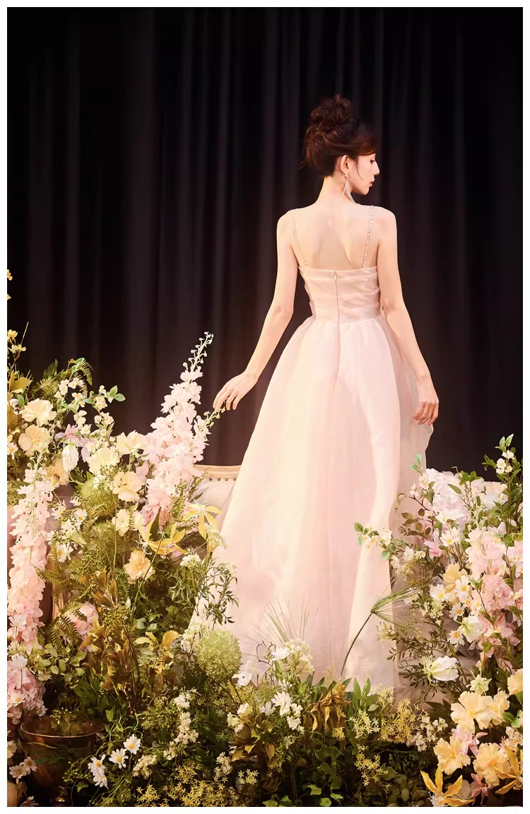Sweet Pink Spaghetti Straps Tulle Beaded A Line Long Evening Dress Formal 20th Birthday Outfits