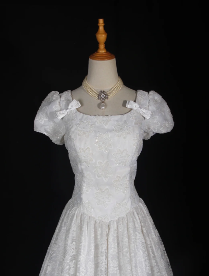 Pretty White Satin Beaded Floral Lace Ball Gown Formal Long Wedding Dress