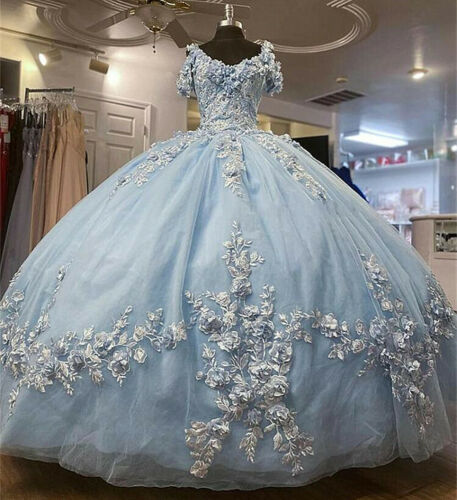 Baby Blue Off Shoulder Quinceanera Dresses Beaded 3D Flowers Ball Gown Sweet 16 Dress