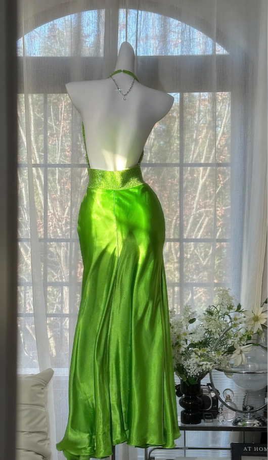 Unique Green Halter Satin Beaded Mermaid Party Dress Backless Long Evening Dress Wedding Guest Dress