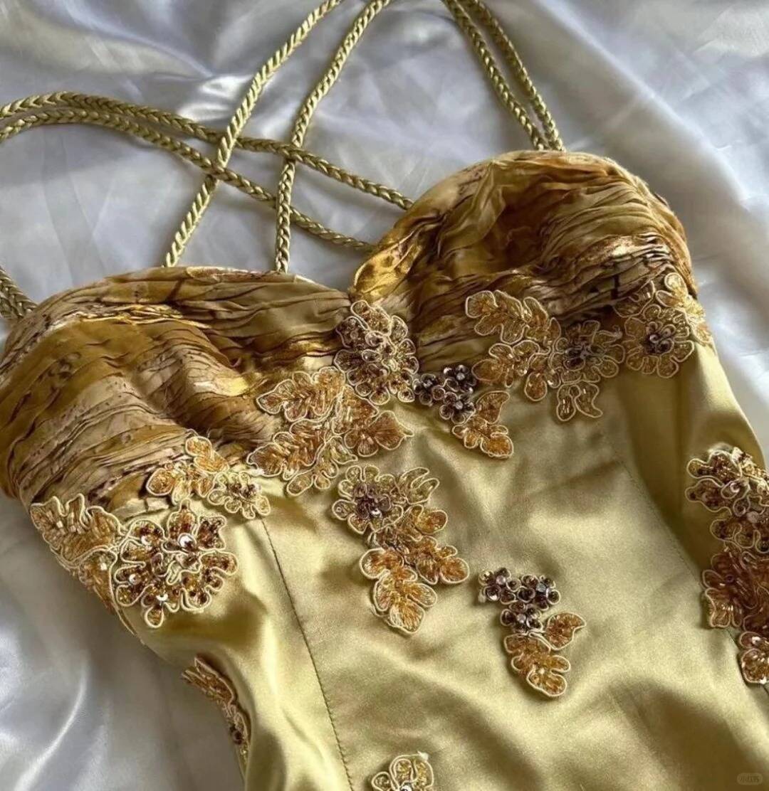 Gold Spaghetti Straps Mermaid Appliques Party Dress Evening Dress