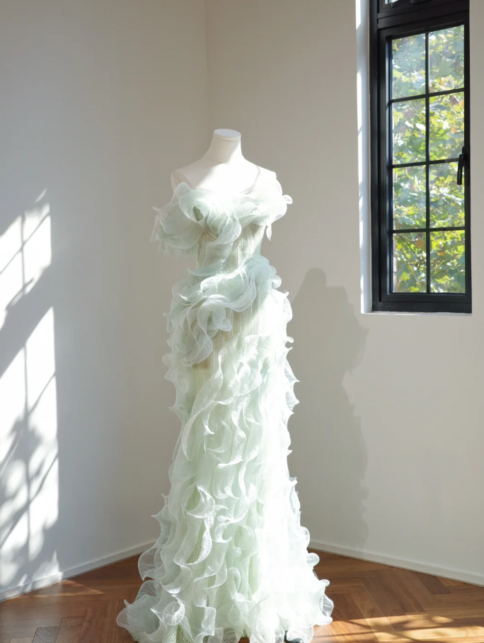 Chic Mint Green Strapless Sequin 3D Tulle Ruffles Mermaid Long Evening Dress Party Gown