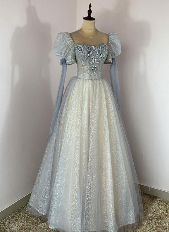 Tulle Beaded Shiny Tulle Prom Dresses, A-Line Long Party Dresses