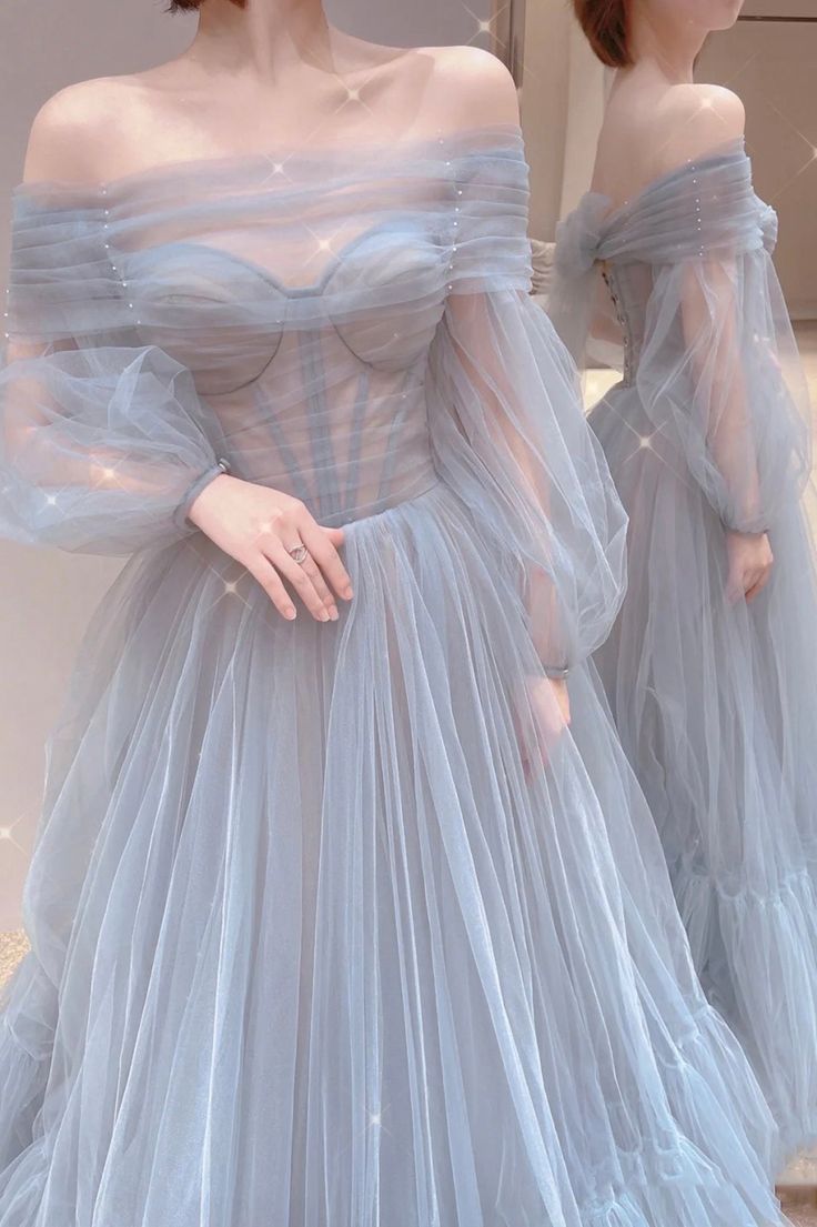 Blue Tulle Long Prom Dress, Beautiful Long Sleeve Tulle Evening Dress