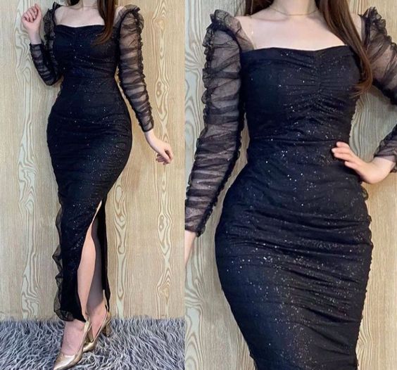 Sexy Sheath Black Off Shoulder Shinny Prom Party Dresses