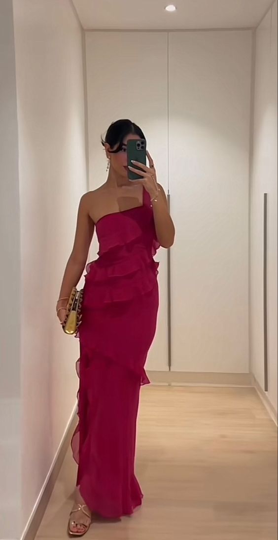 Sexy Sheath One Shoulder Chiffon Hot Pink Prom Dresses