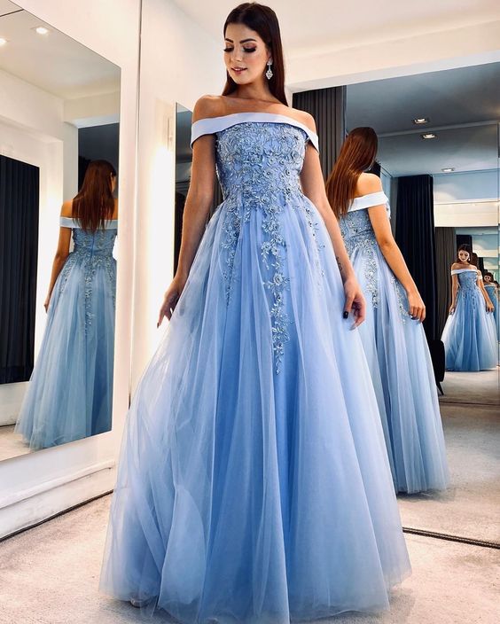 Off the shoulder applique tulle prom dresses beaded long evening dress