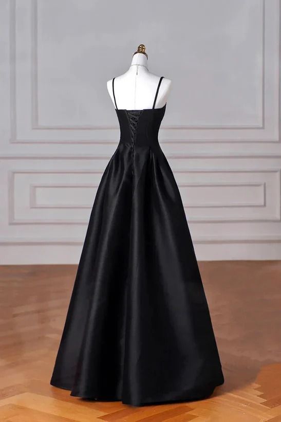 Elegant Black A Line Satin Long Prom Dress Formal Evening Dress
