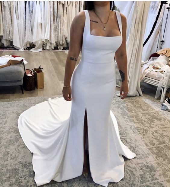 Elegant Mermaid Square Neck Satin Wedding Dresses with Slit
