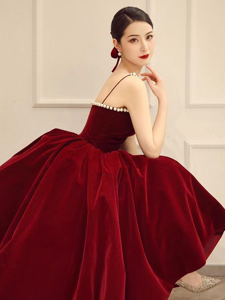 Spaghetti strap evening dress,red party dress,velvet prom dress