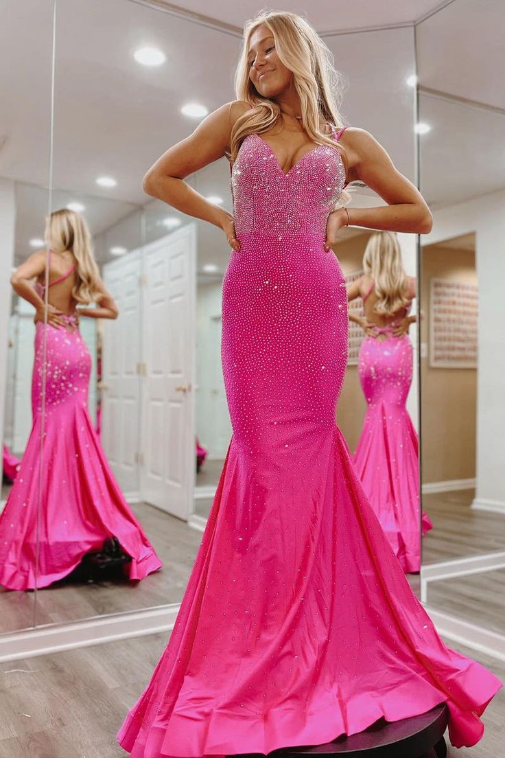 Hot Pink V Neck Satin Mermaid Long Prom Dresses with Beaded
