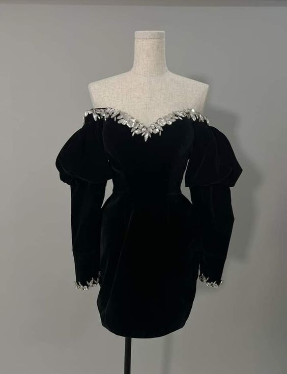 Puff sleeve mini dress, elegant black long sleeve short evening dress