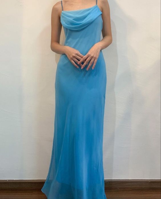 Spaghetti Straps Blue Chiffon Sheath Long Prom Dresses