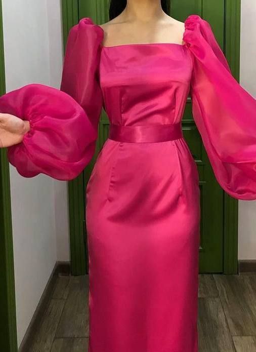 Women's Square Neckline Evening Dresses Long Sleeve Tulle Prom Party Dress