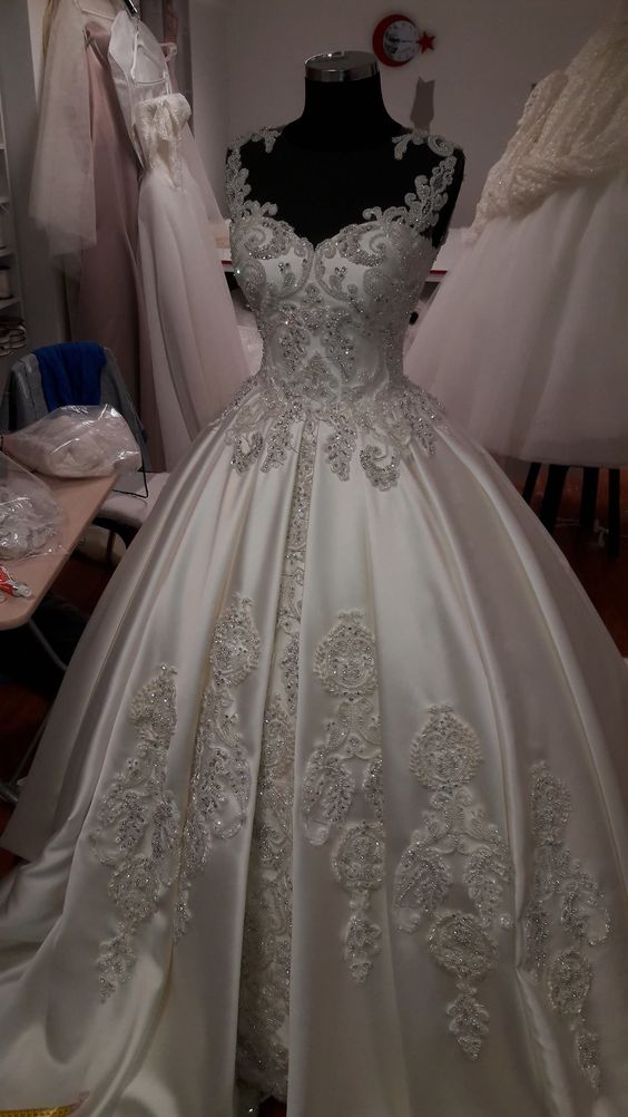 A Line Bride Dress Custom Made Lace Satin Wedding Dress