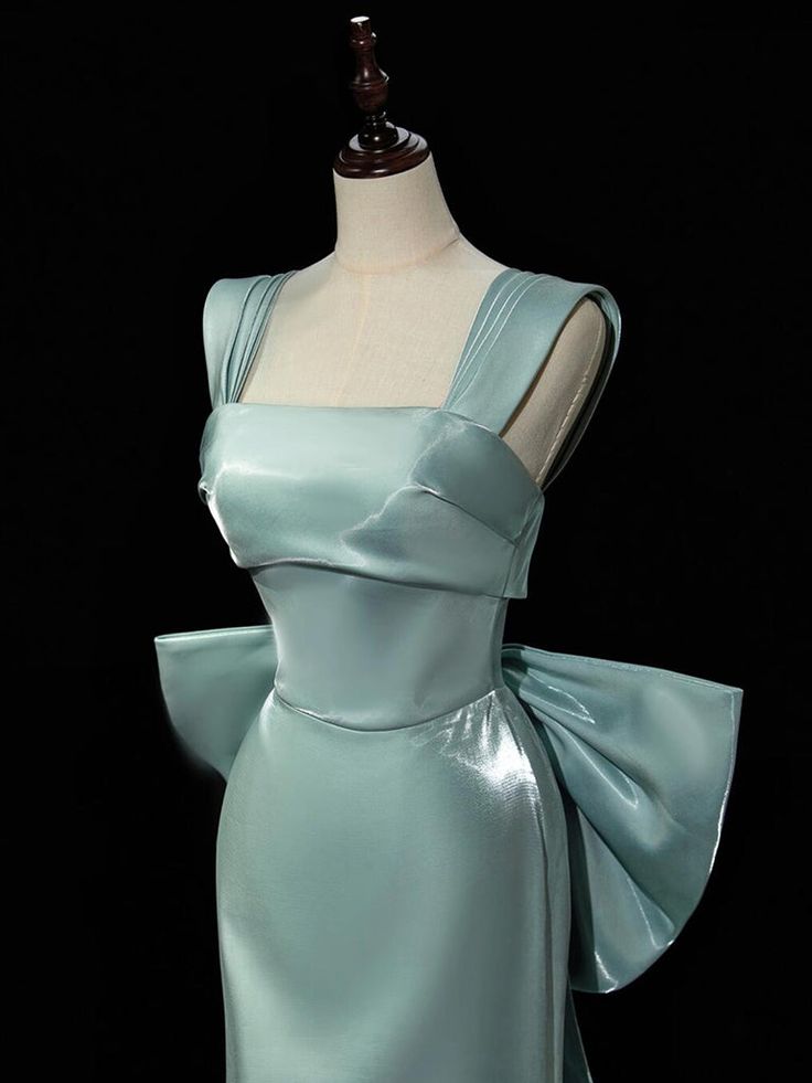 Simple Satin Bow Tie Green Long Prom Dress, Green Long Formal Dress