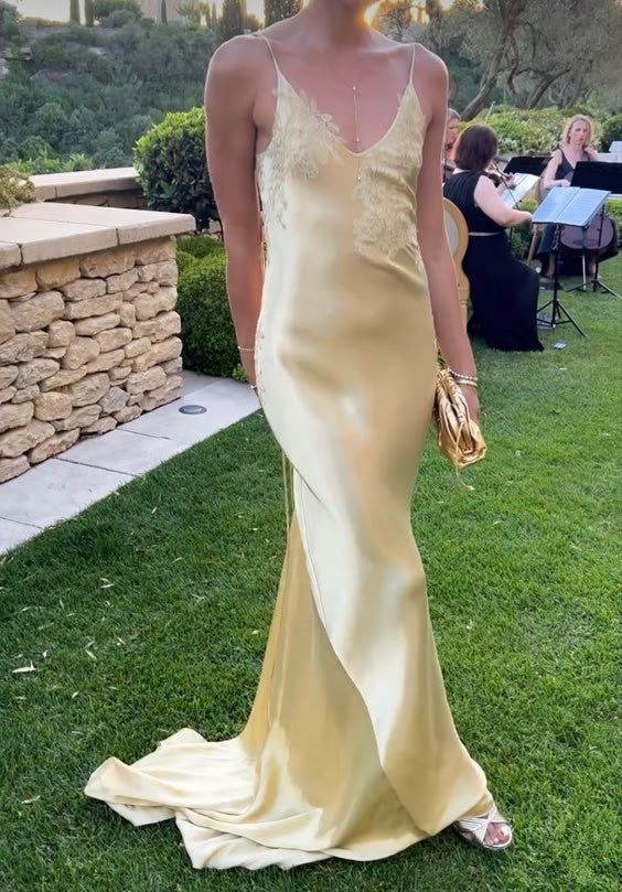 Yellow satin backless long prom evening dresses