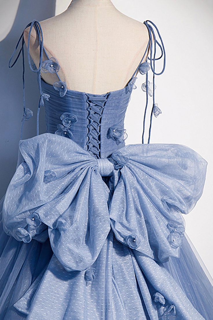 Tulle Long A-Line Prom Dress Spaghetti Straps Party Dress with Bow