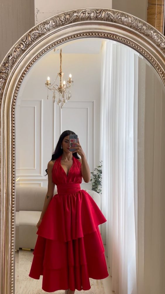 Elegant Short Satin Halter Evening Dresses Muslim Backless A-Line Red Dress Formal Dress Pleated Tea Length Gowns