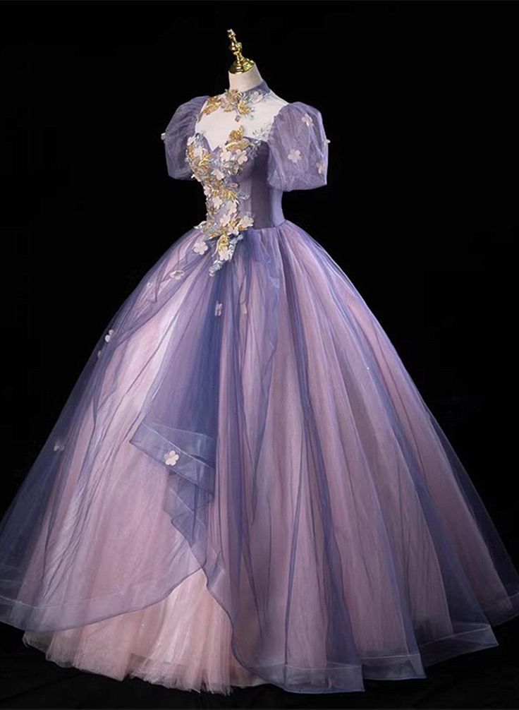 Purple Tulle Puff Sleeve Appliques Quinceanera Dress Evening Dress