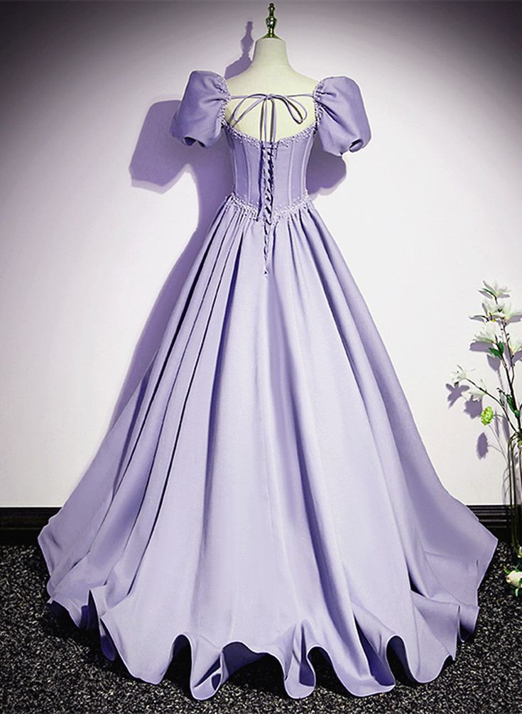 Satin Short Sleeves Beaded Party Dress, A-line Long Prom Dress