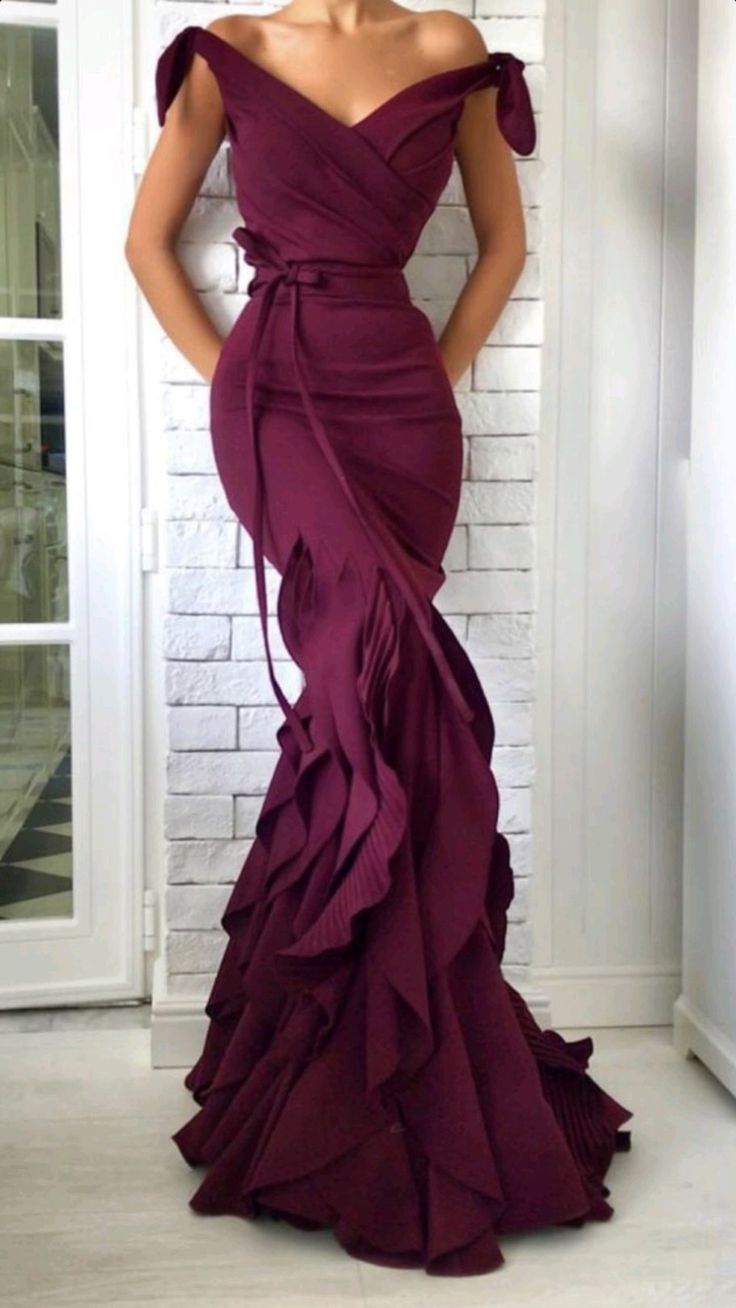 V-Neck Off Shoulder Evening Gown with Elegant Bow Tie at Waist