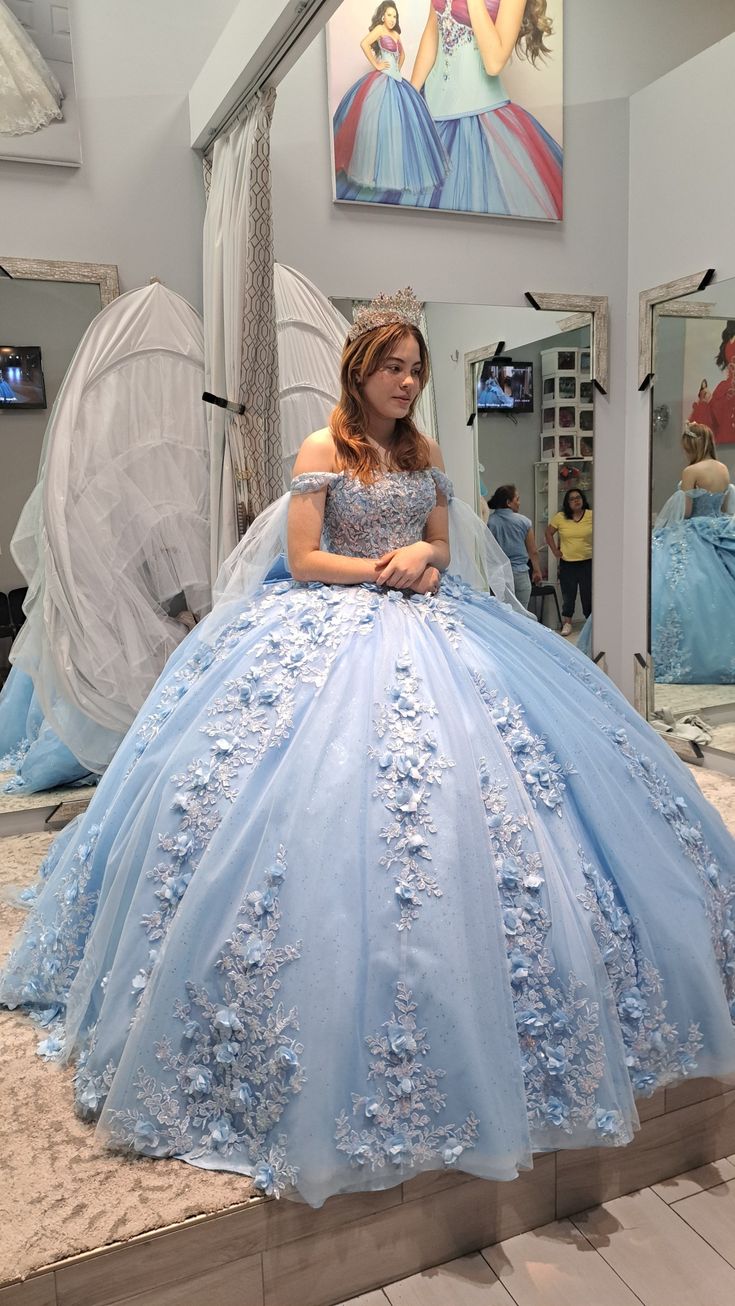 Light blue quinceanera dress, ball gown 3D flower lace birthday party gown