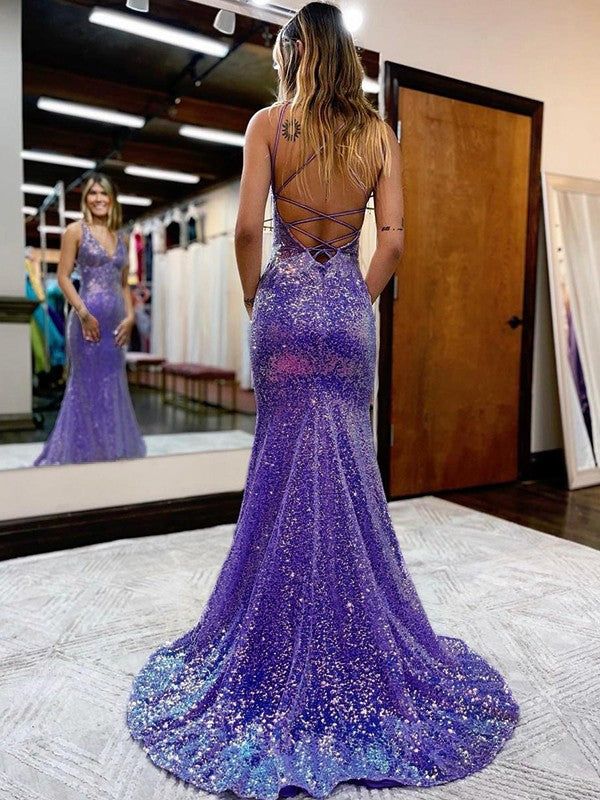 Sheath/Column V-Neck Court Train Sequins Prom Dresses
