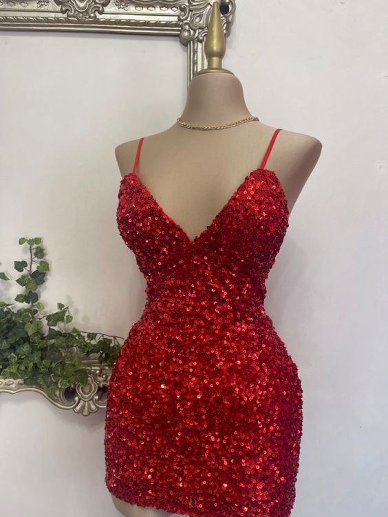 Red Sheath Straps Sequins Mini Homecoming Dress